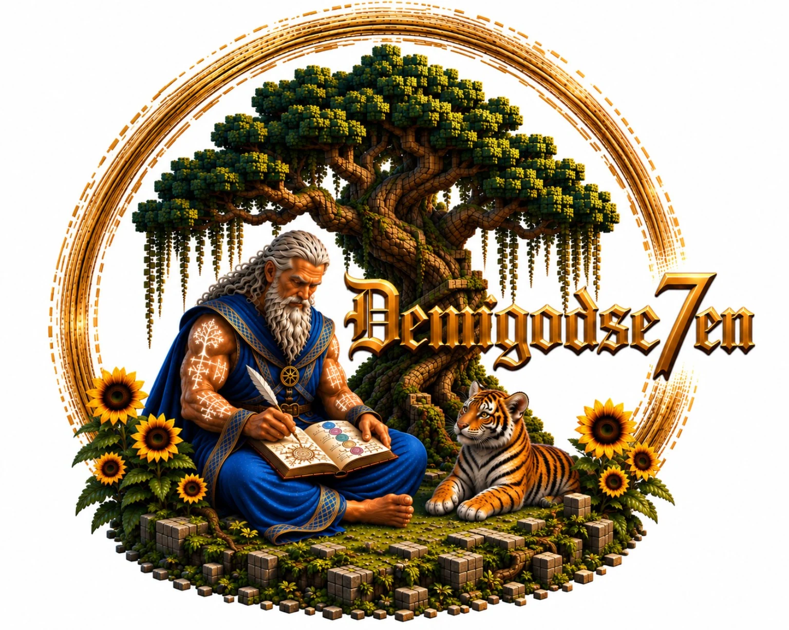 Demigodse7en mark — Tree of Life, wizard, tiger cub, ensō and sunflowers